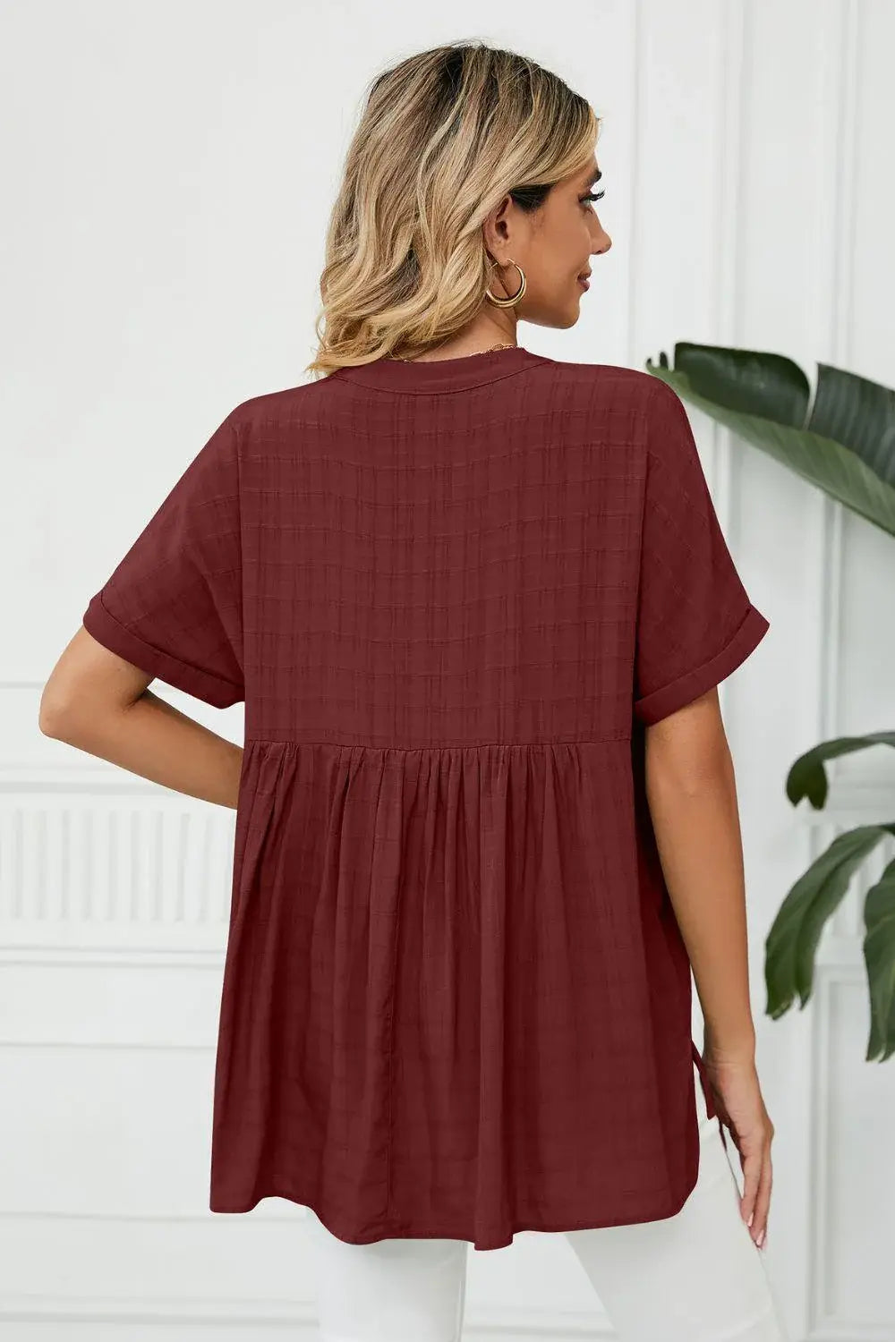 Side Slit Notched Neck Cuffed Short Sleeve Blouse - Trendsi - Flyclothing LLC