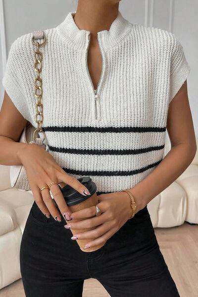 Striped Mock Neck Half Zip Sweater Vest - Trendsi - Flyclothing LLC
