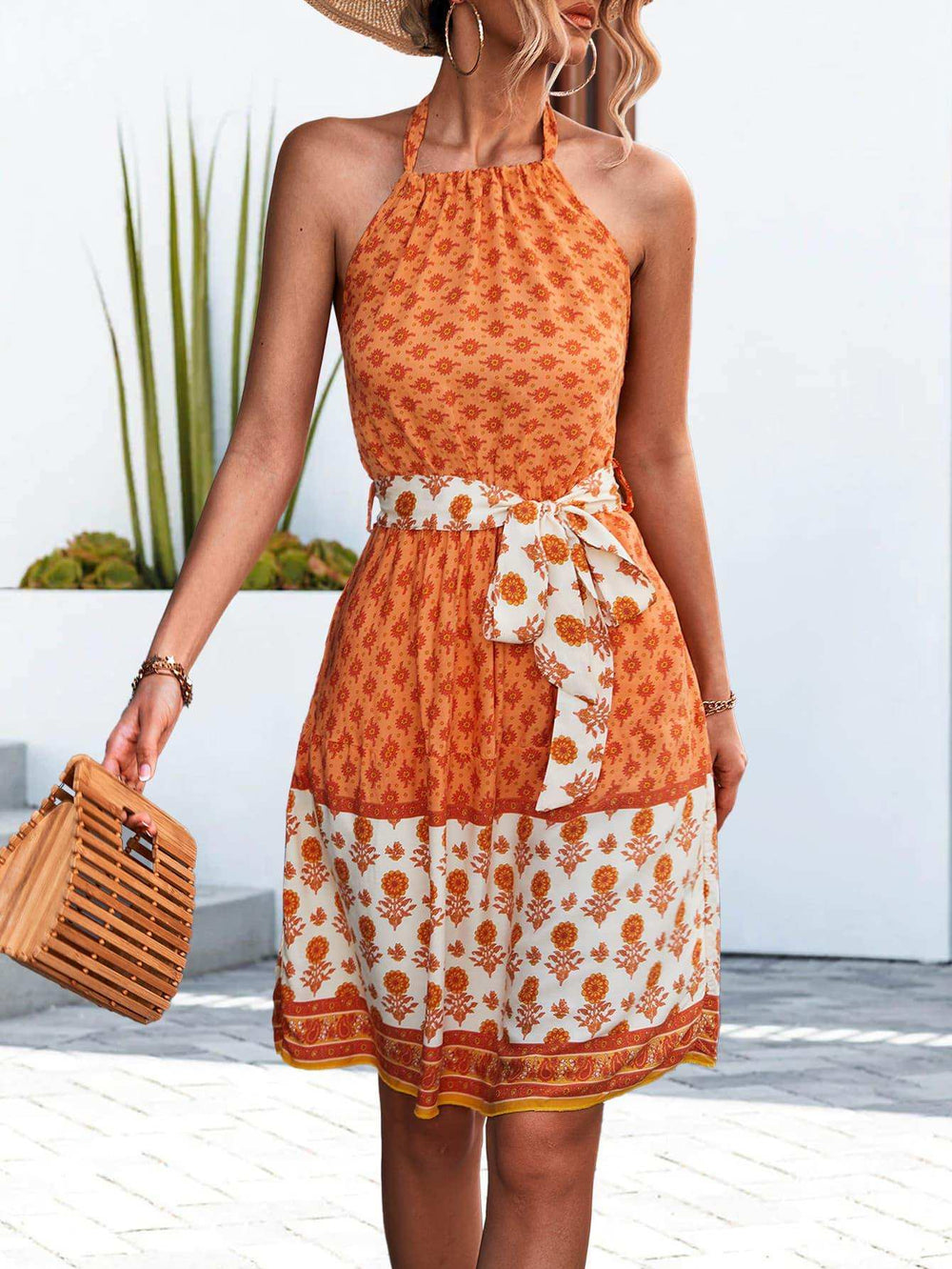 Floral Halter Neck Tie Waist Dress - Trendsi - Flyclothing LLC