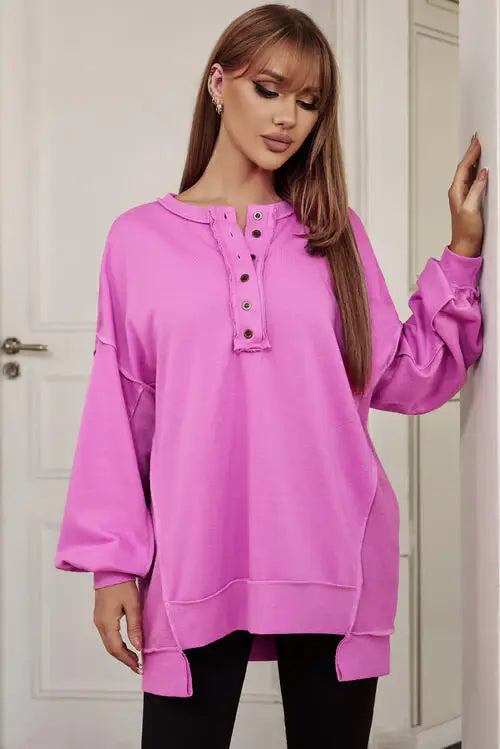 Buttoned Dropped Shoulder Sweatshirt - Trendsi - Flyclothing LLC