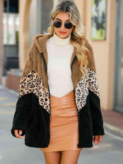 Leopard Color Block Hooded Teddy Jacket - Trendsi