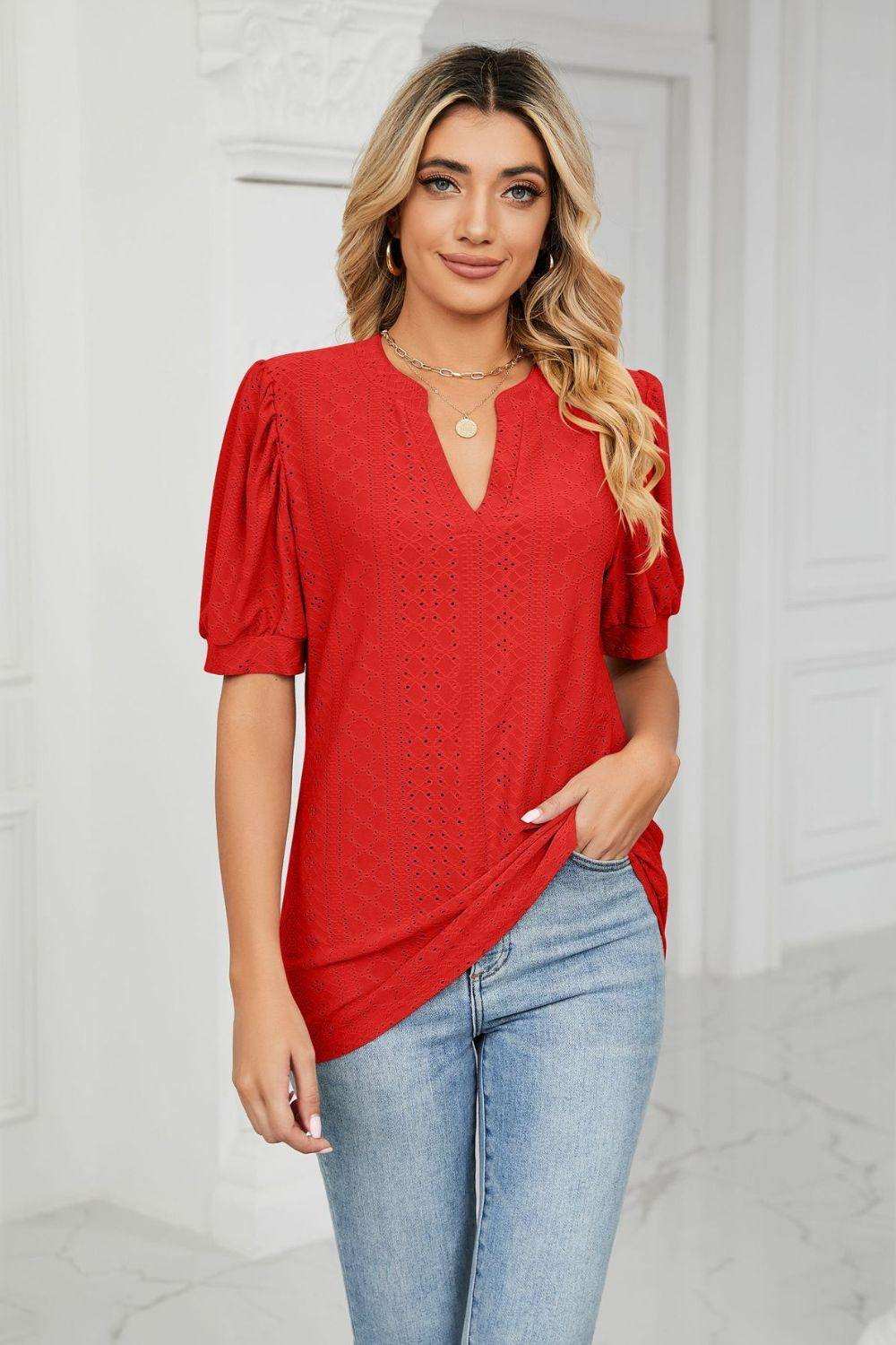 Eyelet Short Puff Sleeve Notched Neck Top - Trendsi - Flyclothing LLC