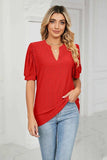 Eyelet Short Puff Sleeve Notched Neck Top - Trendsi - Flyclothing LLC