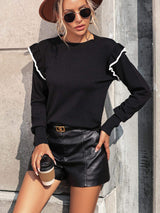 Round Neck Ruffle Trim Long Sleeve Pullover Sweater - Trendsi - Flyclothing LLC