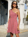 Grid One-Shoulder Tied Cutout Dress - Trendsi - Flyclothing LLC