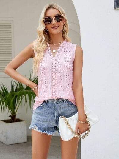 Eyelet Lace Detail V-Neck Tank - Trendsi - Flyclothing LLC