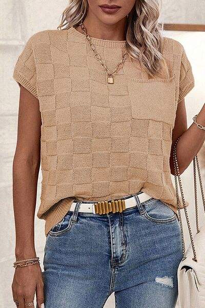 Pocketed Checkered Round Neck Knit Top - Trendsi - Flyclothing LLC