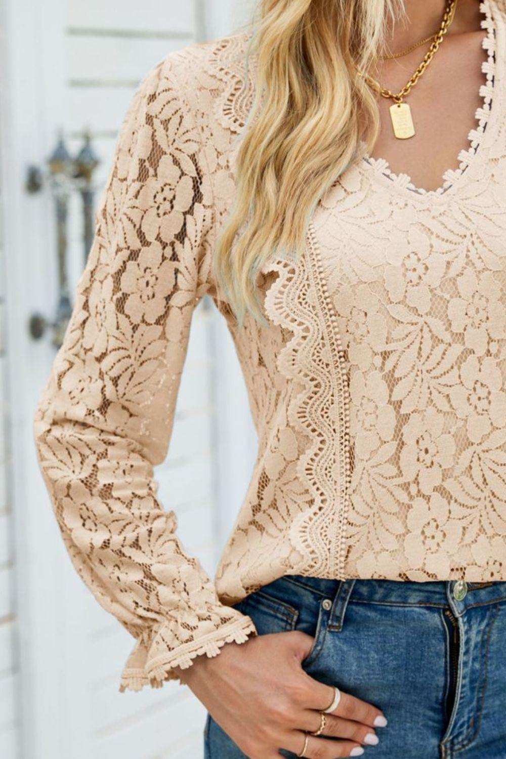 V-Neck Flounce Sleeve Lace Top - Trendsi - Flyclothing LLC