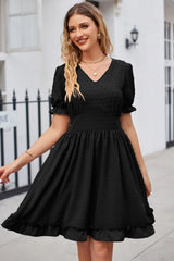 Swiss Dot Frill Trim Flounce Sleeve V-Neck Dress - Trendsi - Flyclothing LLC