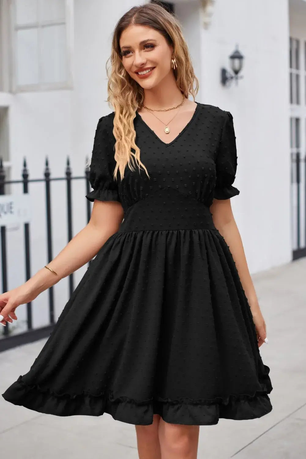 Swiss Dot Frill Trim Flounce Sleeve V-Neck Dress - Trendsi - Flyclothing LLC