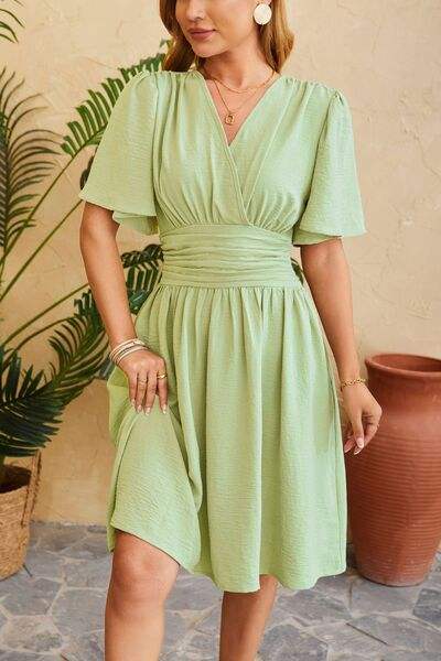 Ruched Surplice Short Sleeve Dress - Trendsi - Flyclothing LLC