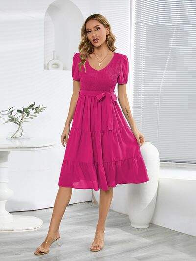 Smocked Tie Front Short Sleeve Tiered Dress - Trendsi - Flyclothing LLC