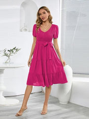 Smocked Tie Front Short Sleeve Tiered Dress - Flyclothing LLC