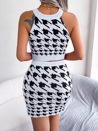 Houndstooth Sleeveless Top and Skirt Sweater Set - Trendsi