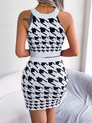Houndstooth Sleeveless Top and Skirt Sweater Set - Trendsi