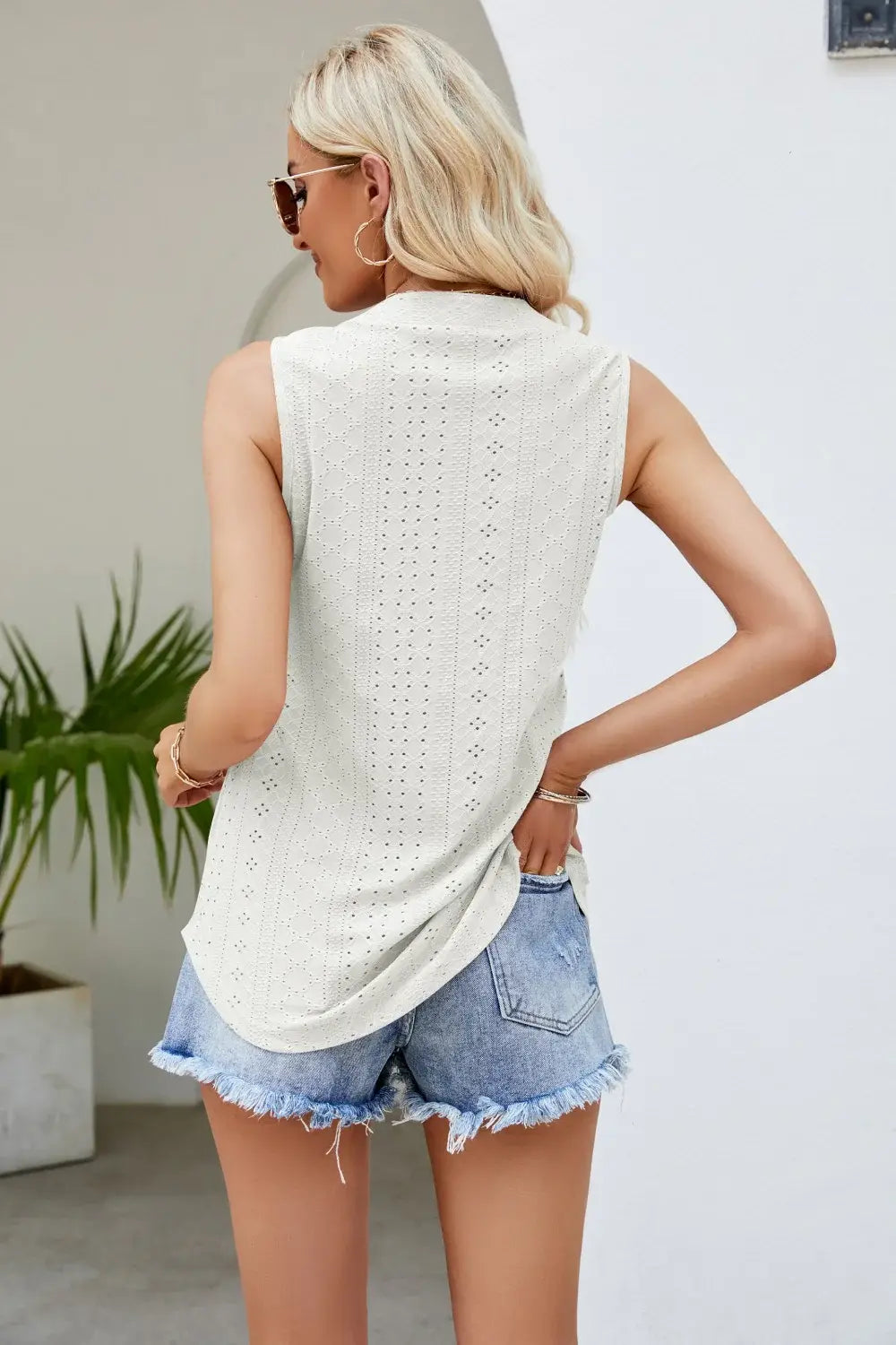 Notched Neck Curved Hem Eyelet Tank - Trendsi - Flyclothing LLC
