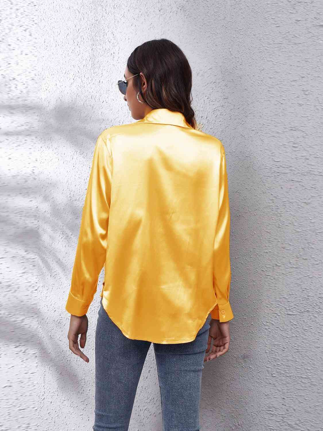 Collared Neck Buttoned Long Sleeve Shirt - Trendsi - Flyclothing LLC