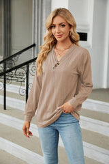 Decorative Button V-Neck Long Sleeve T-Shirt - Trendsi