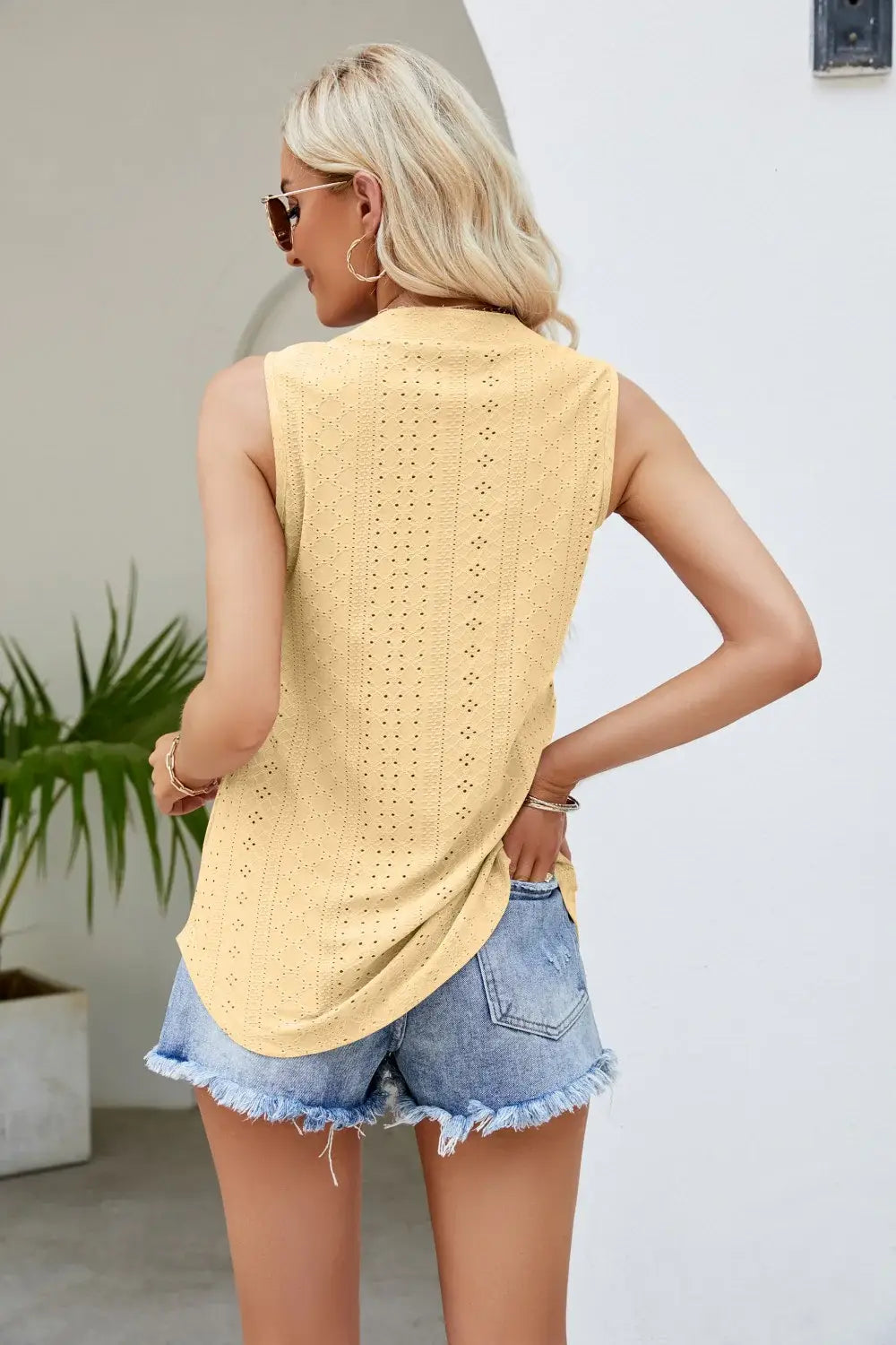 Notched Neck Curved Hem Eyelet Tank - Trendsi - Flyclothing LLC