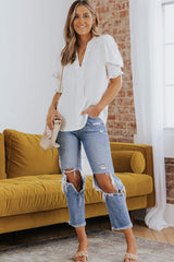 Smocked Flounce Sleeve Notched Neck Blouse - Trendsi - Flyclothing LLC