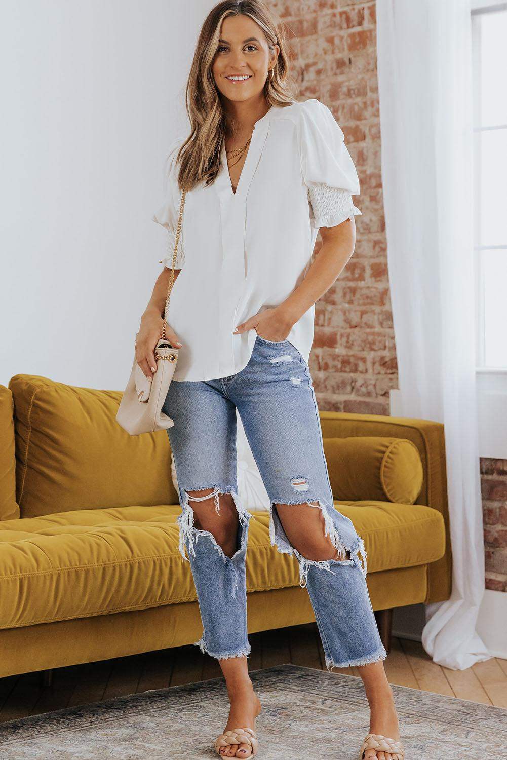 Smocked Flounce Sleeve Notched Neck Blouse - Trendsi - Flyclothing LLC