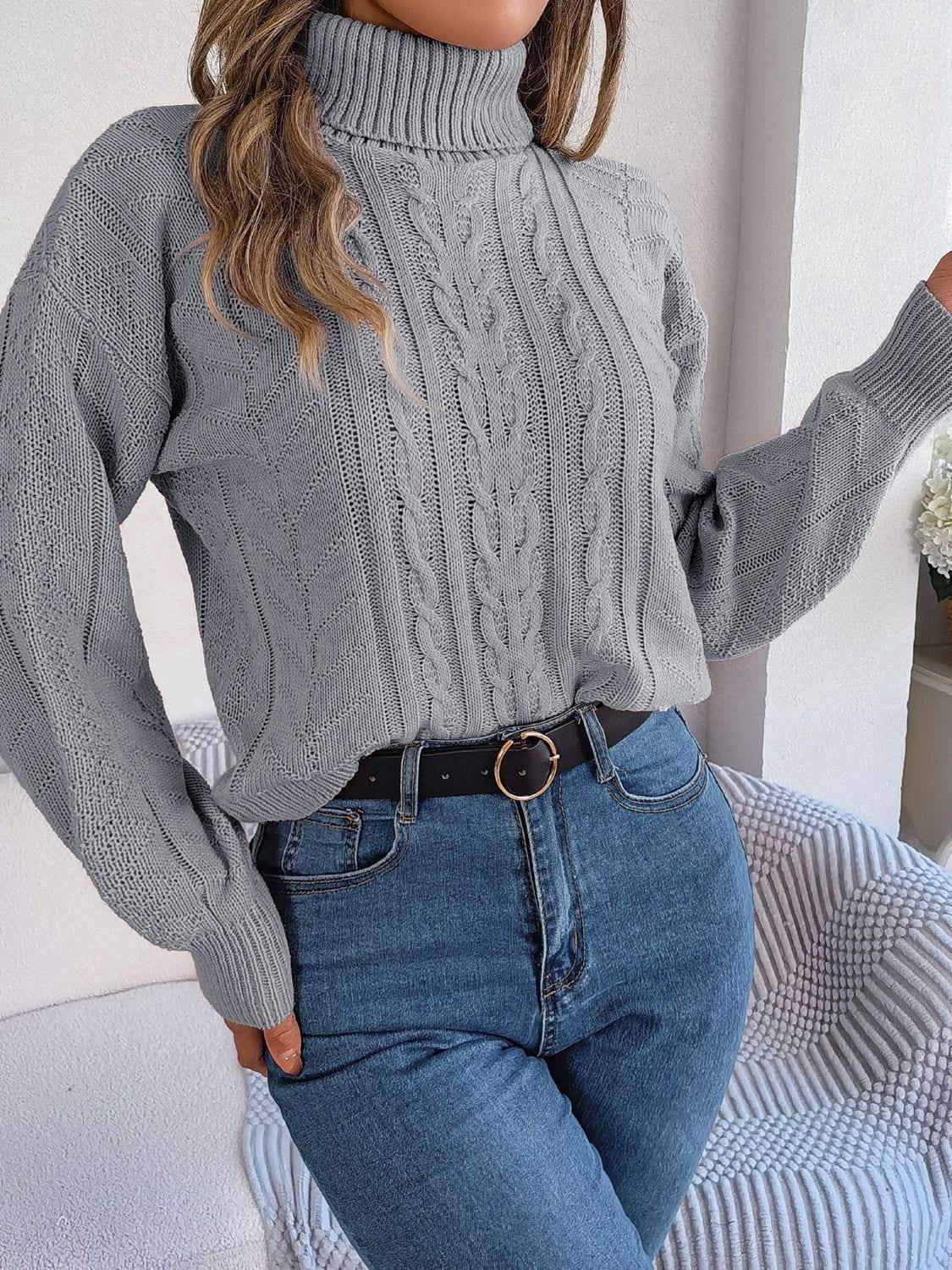 Cable-Knit Turtleneck Sweater - Trendsi