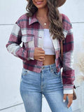 Plaid Button Up Drop Shoulder Cropped Jacket - Trendsi - Flyclothing LLC