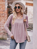Pleated Detail Curved Hem Long Sleeve Top - Trendsi - Flyclothing LLC