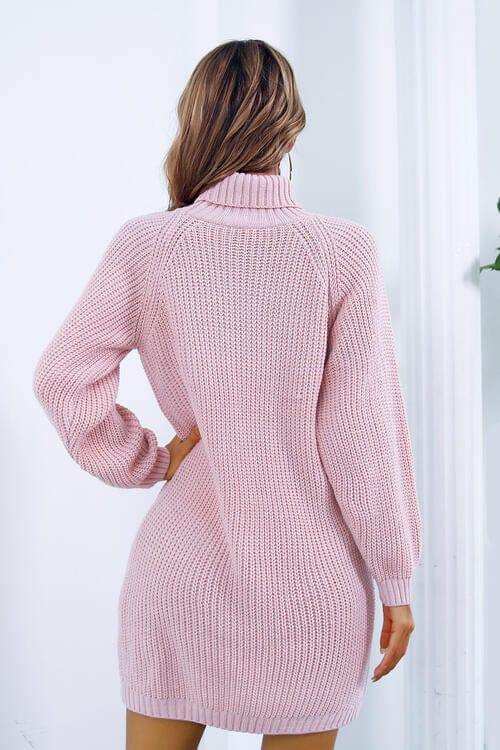 Buttoned Turtleneck Long Sleeve Sweater Dress - Trendsi - Flyclothing LLC