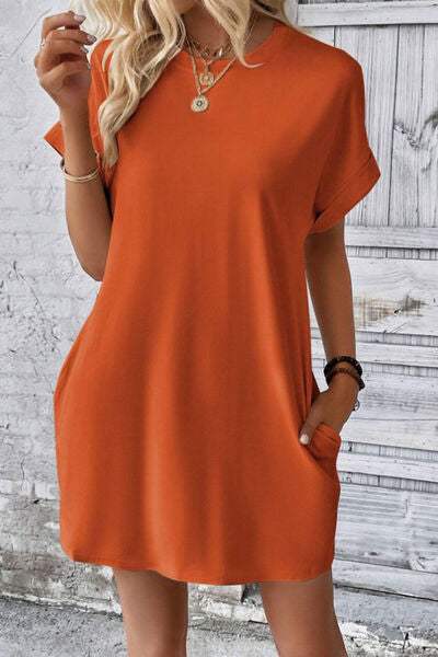 Pocketed Round Neck Short Sleeve Dress - Trendsi - Flyclothing LLC