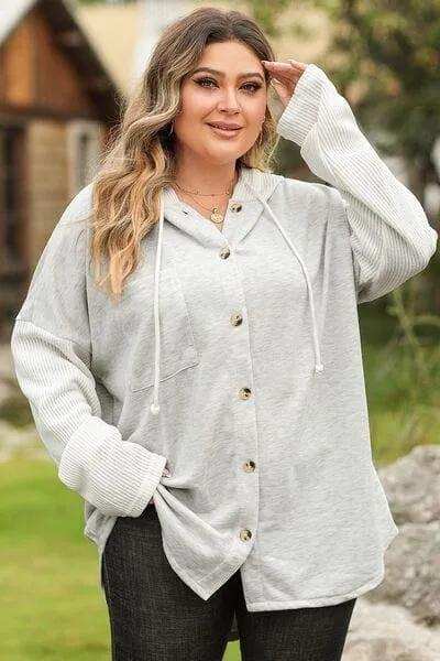 Plus Size Button Up Drawstring Long Sleeve Hoodie - Trendsi - Flyclothing LLC