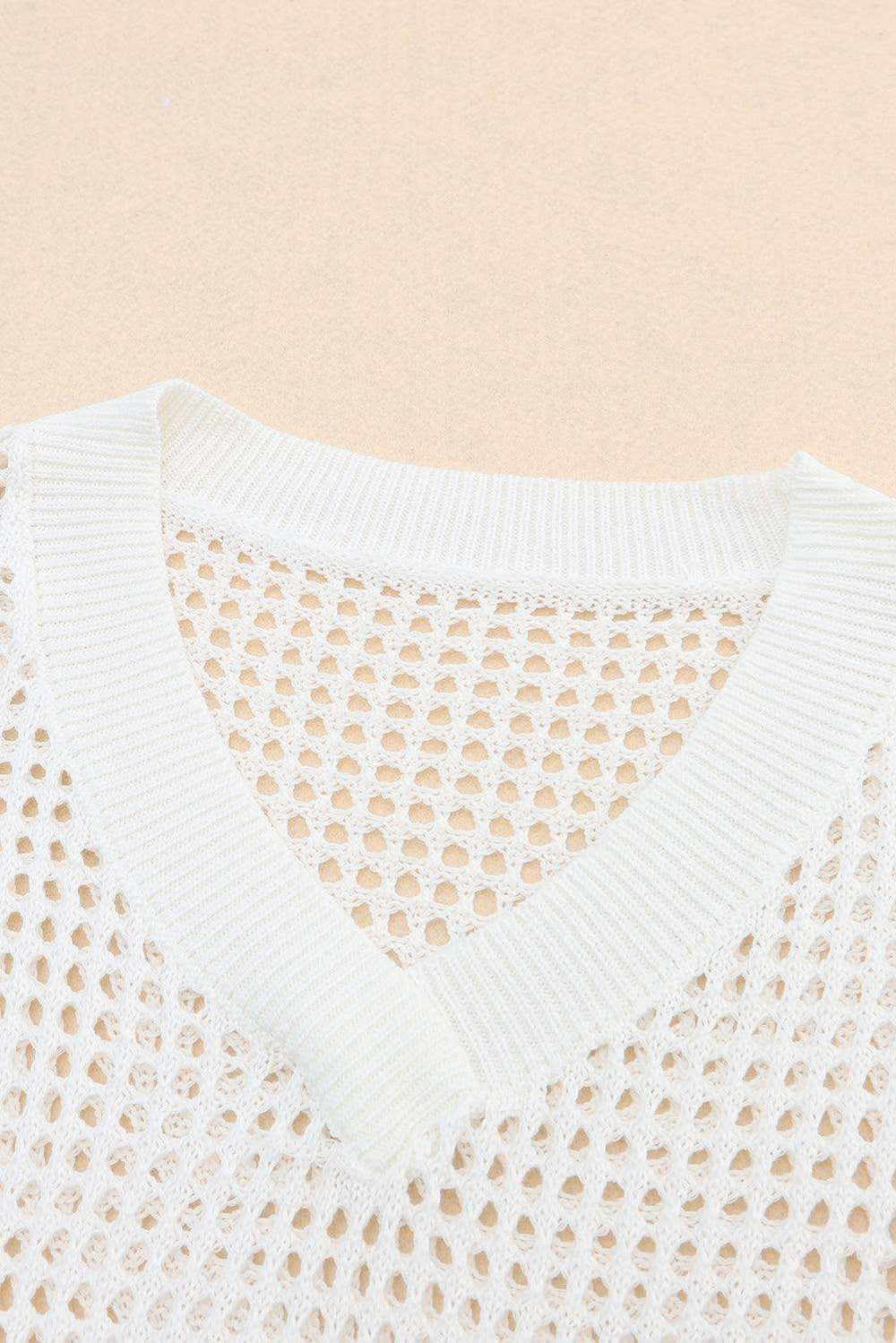 Openwork V-Neck Dropped Shoulder Knit Top - Trendsi - Flyclothing LLC