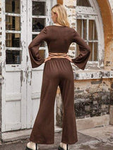 Tied Flare Sleeve Top and Pants Set - Trendsi - Flyclothing LLC