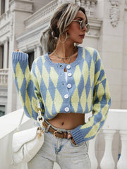 Argyle Button Front Drop Shoulder Cardigan - Trendsi
