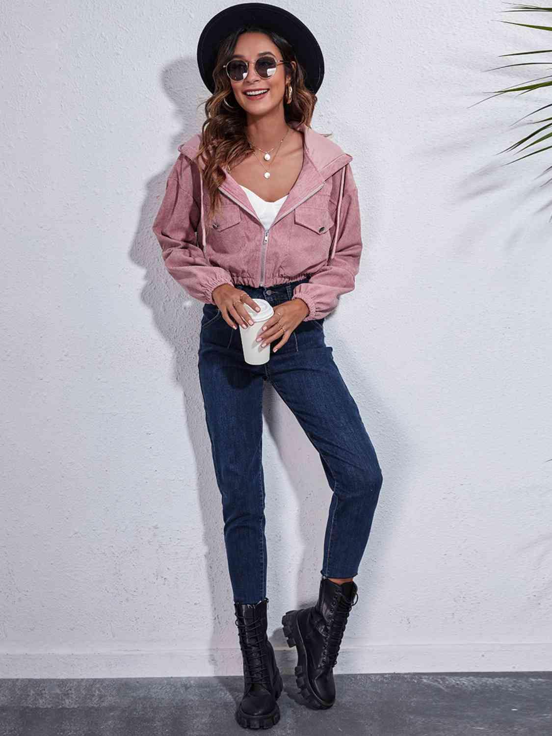 Drawstring Hooded Zip Up Jacket with Pockets - Trendsi
