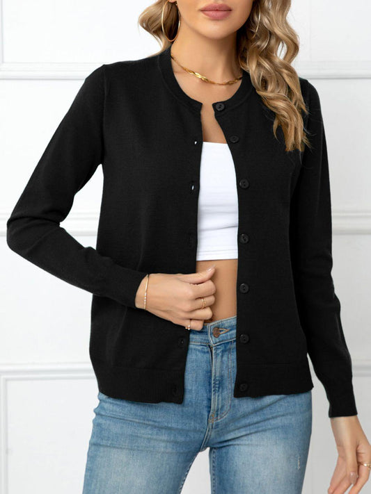 Button Down Round Neck Cardigan - Trendsi