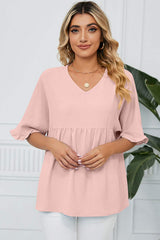 Peplum V-Neck Half Sleeve T-Shirt - Trendsi - Flyclothing LLC