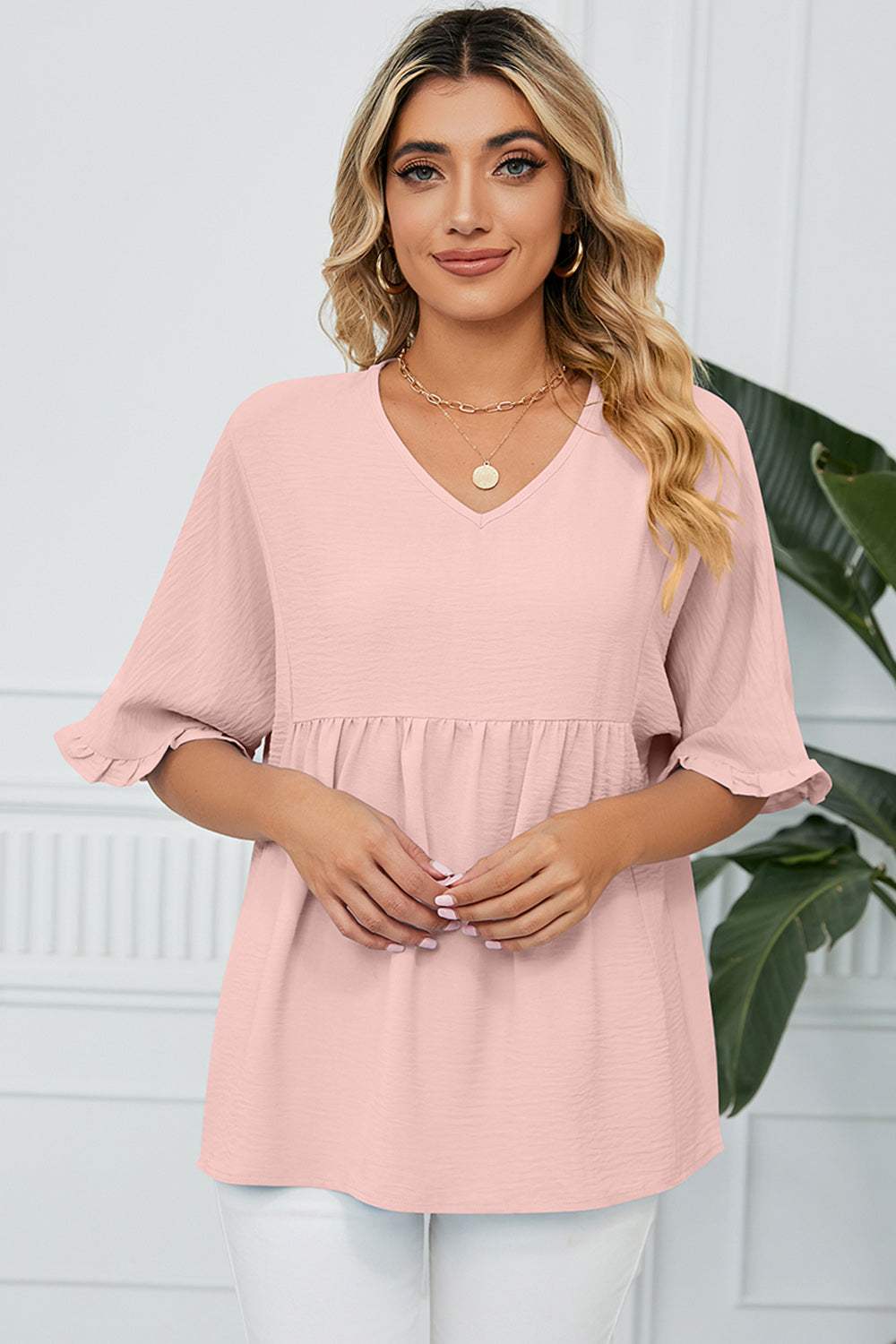 Peplum V-Neck Half Sleeve T-Shirt - Trendsi - Flyclothing LLC