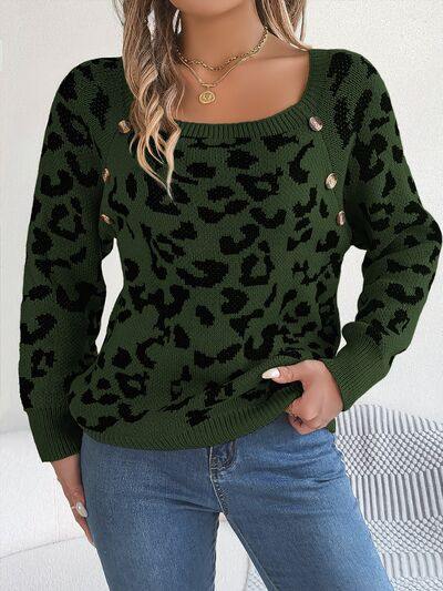 Leopard Buttoned Square Neck Sweater - Trendsi