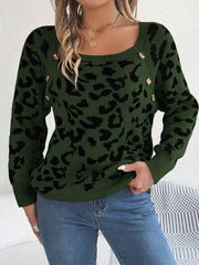 Leopard Buttoned Square Neck Sweater - Trendsi
