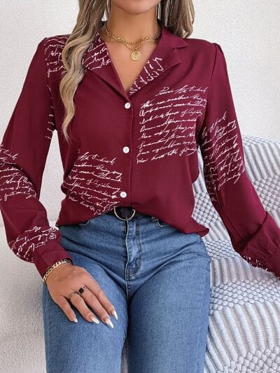 Letter Printed Button Up Long Sleeve Blouse - Trendsi
