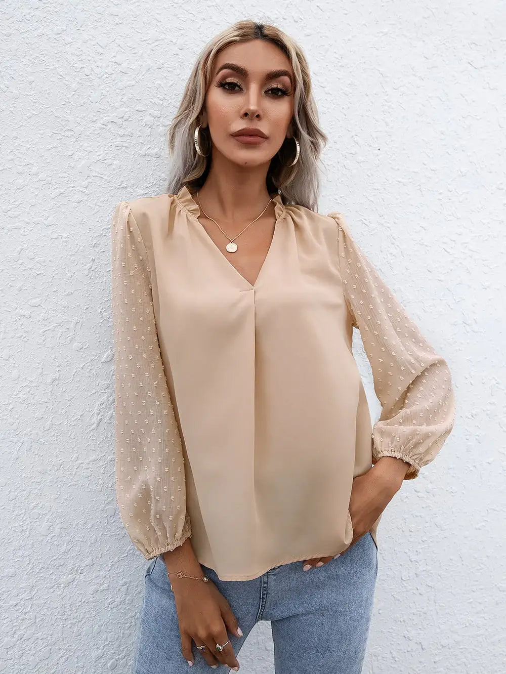 Swiss Dot Frill Trim Puff Sleeve Blouse - Trendsi - Flyclothing LLC