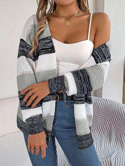 Openwork Striped Open Front Cardigan - Trendsi - Flyclothing LLC