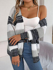 Openwork Striped Open Front Cardigan - Trendsi