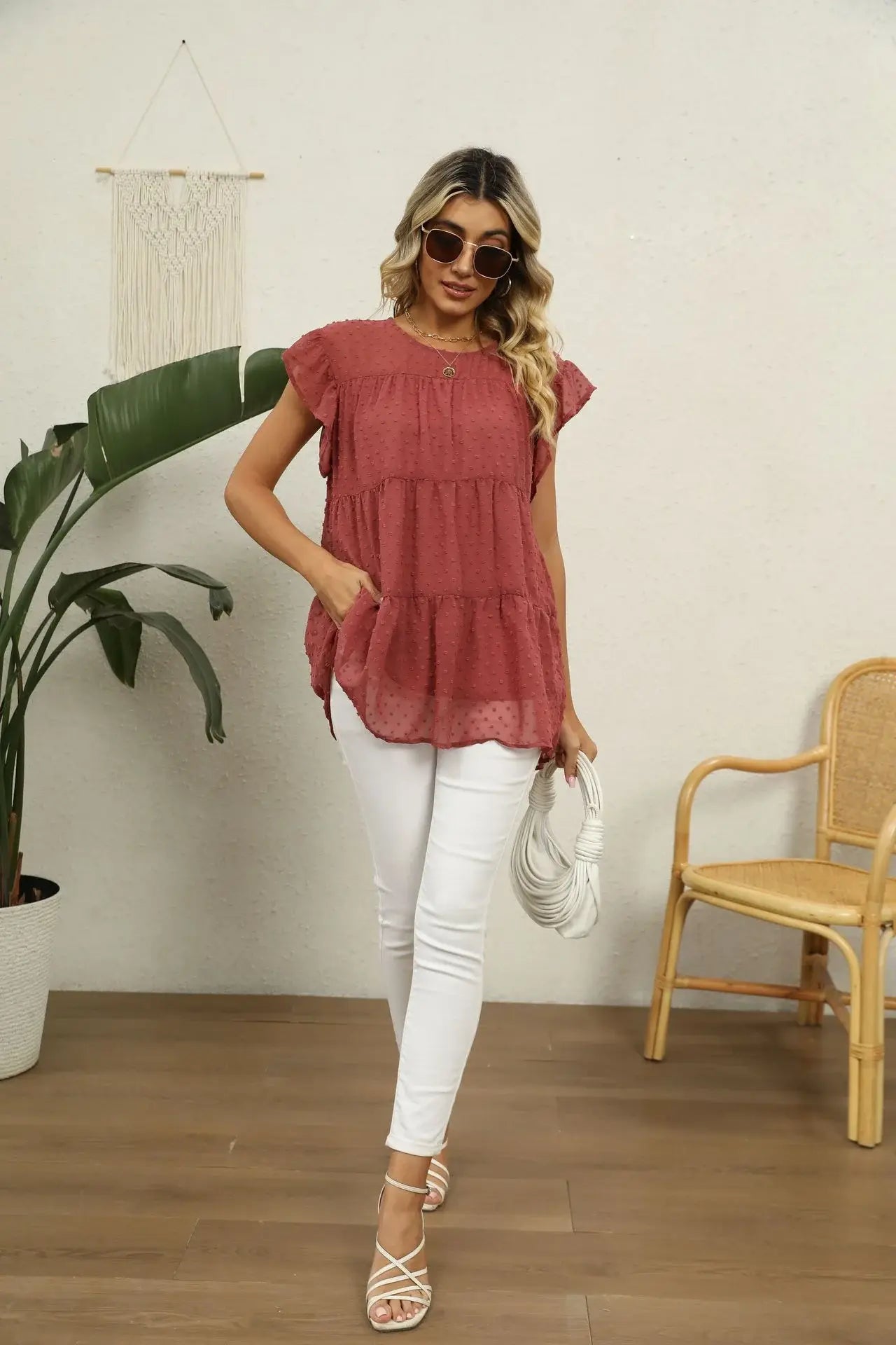 Swiss Dot Round Neck Tiered Blouse - Trendsi - Flyclothing LLC