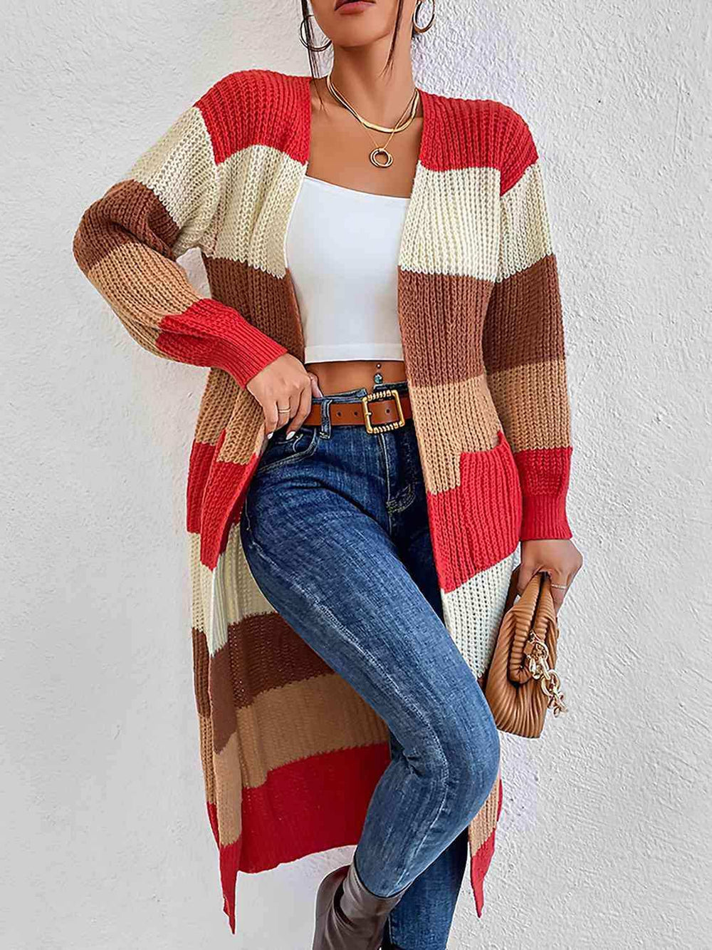 Color Block Open Front Longline Cardigan - Trendsi - Flyclothing LLC