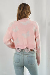 Printed Round Neck Ribbed Long Sleeve Sweater - Trendsi