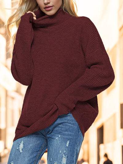 Turtleneck Drop Shoulder Long Sleeve Sweater - Trendsi - Flyclothing LLC