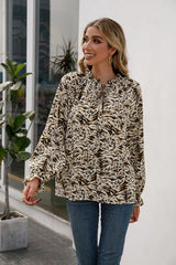 Printed Tie Neck Frill Trim Flounce Sleeve Blouse - Trendsi - Flyclothing LLC