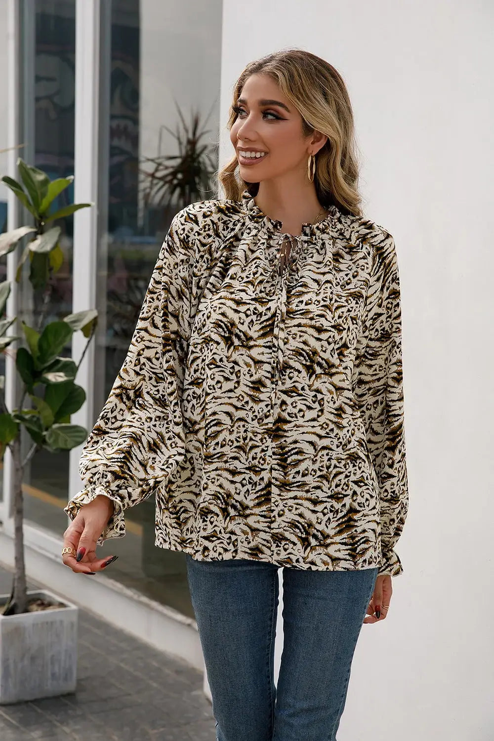 Printed Tie Neck Frill Trim Flounce Sleeve Blouse - Trendsi - Flyclothing LLC